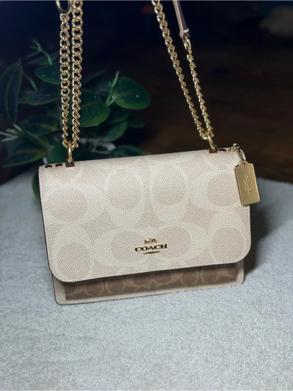 Coach Beige Signature Crossbody with Gold Chain Strap
